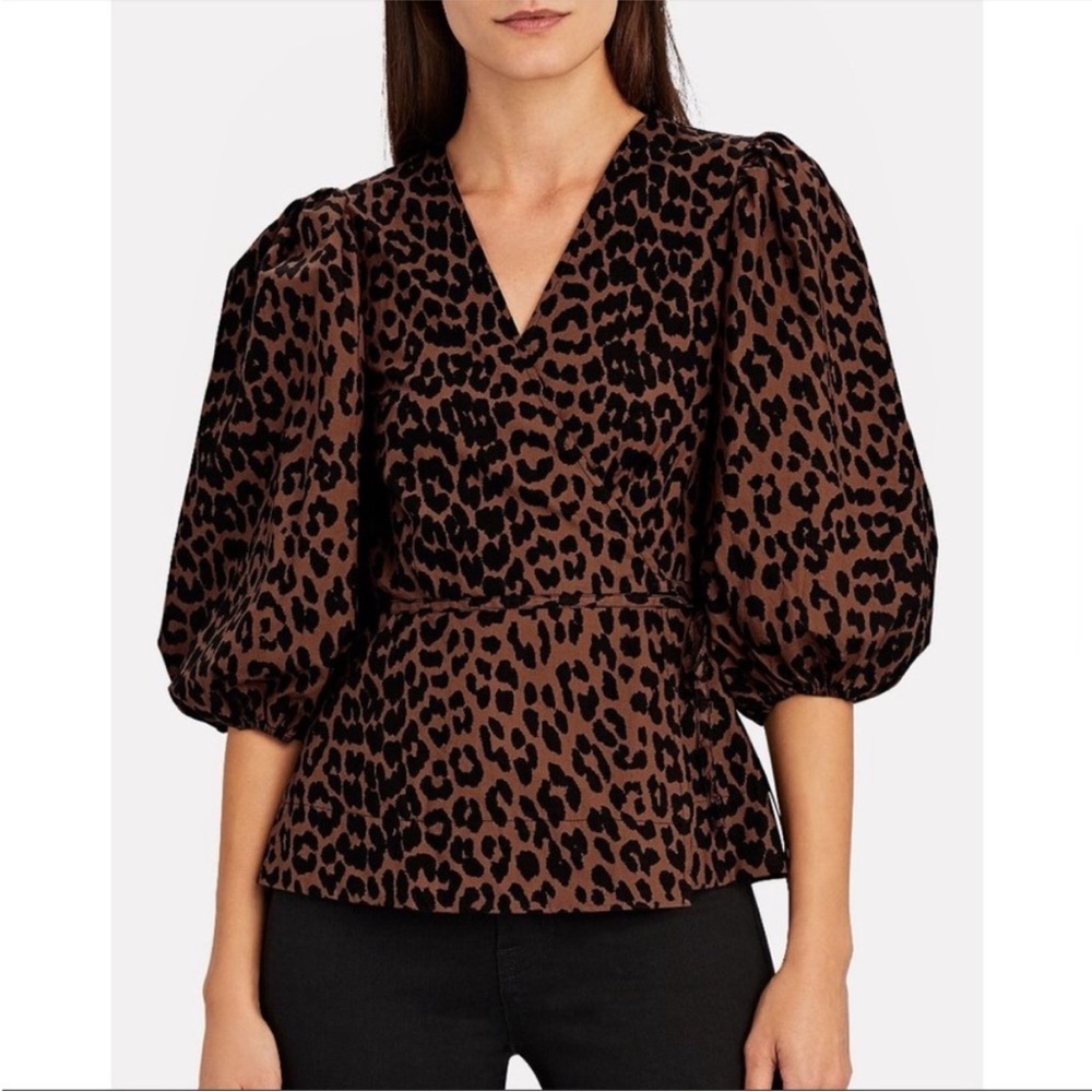 NWT - Ganni Size 38 Leopard Print Cotton Poplin Wrap V-Neck Puff Sleeve Blouse